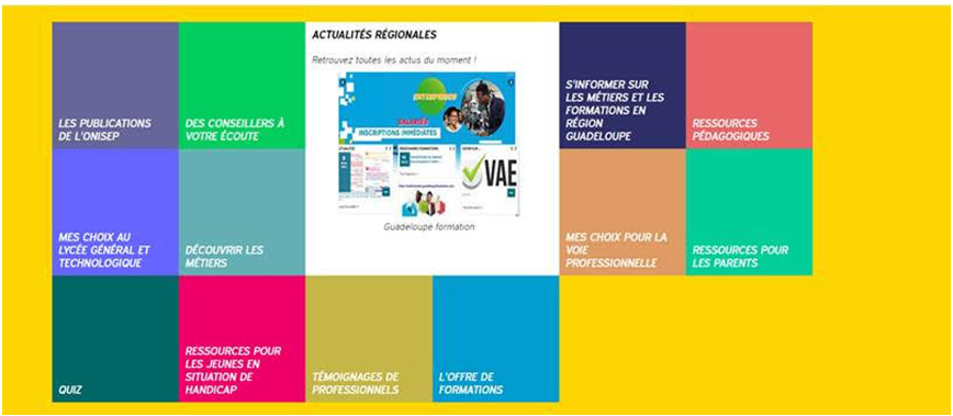Le pavé « Les publications de l’Onisep » contient toute la documentation de la librairie de l’Onisep : Dossiers (Objectifs sup, Les classes prépas, Les écoles d'ingénieurs, Les écoles d'art, Les écoles de commerce, …), Parcours (environnement, sport, médical…), Zoom. Ces publications dans leur version numérique sont enrichies de vidéos explicatives.